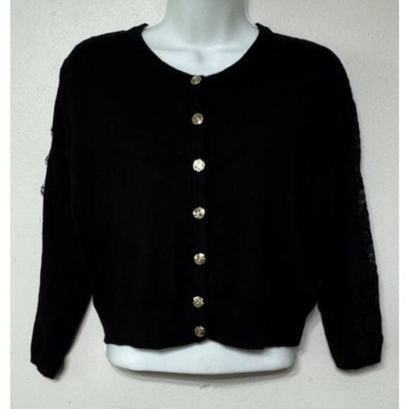 Karl Lagerfeld Cardigan Lace Sleeve Cropped Black Women’s Size Medium Sweater - Picture 1 of 13